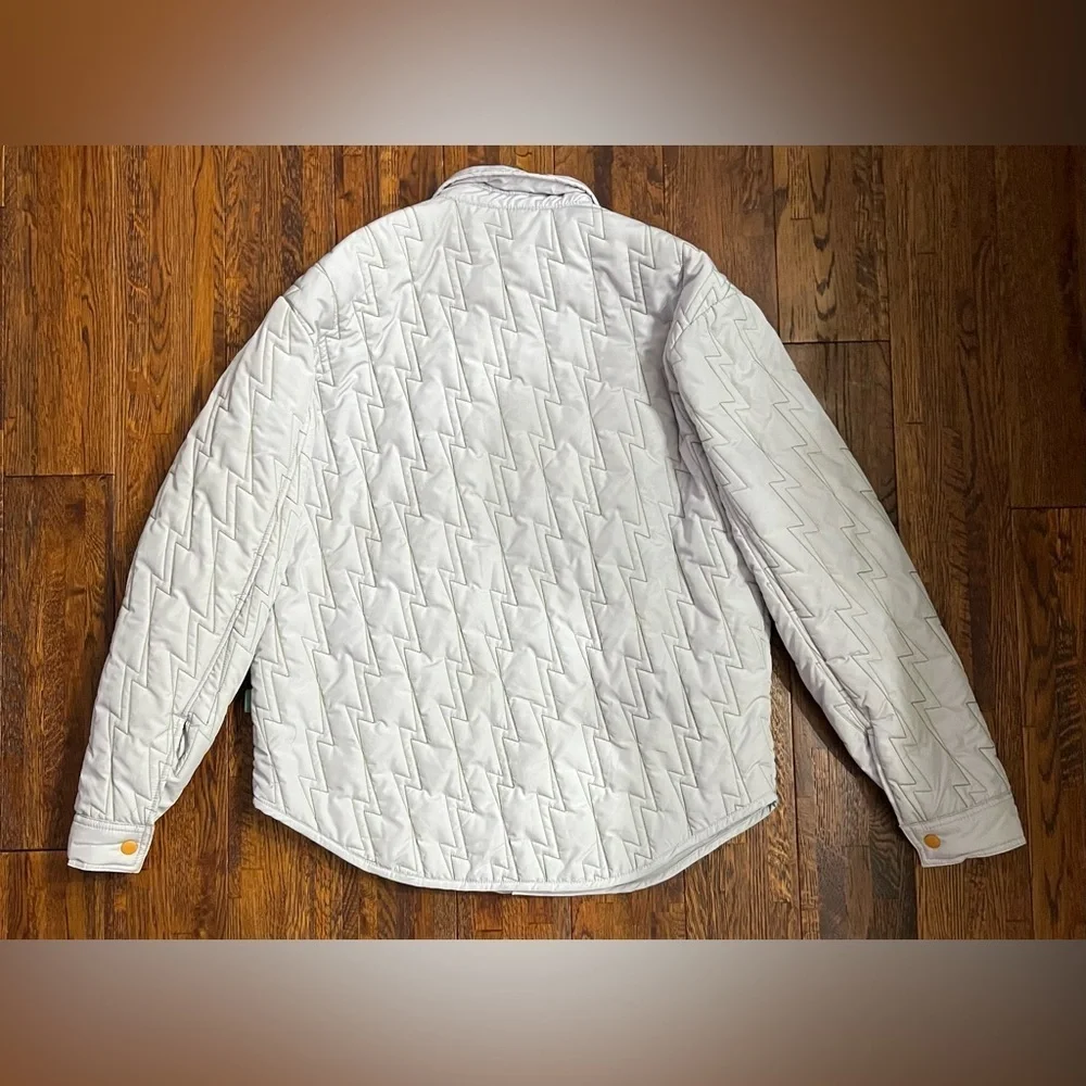 URBAN OUTFITTERS Lightning Bolt Puffer Jacket in Light Gray with Green Stitching